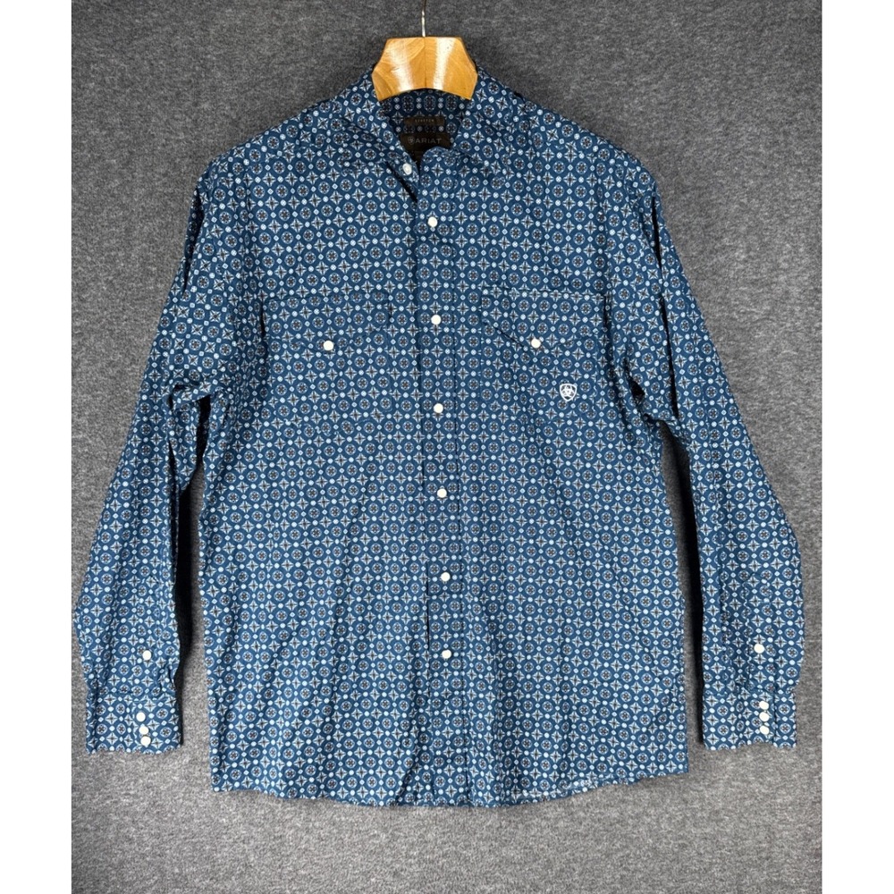 Ariat Tyce Snap LS Shirt Mens L Blue Geometric Stretch Pearl Snap Cowboy Country